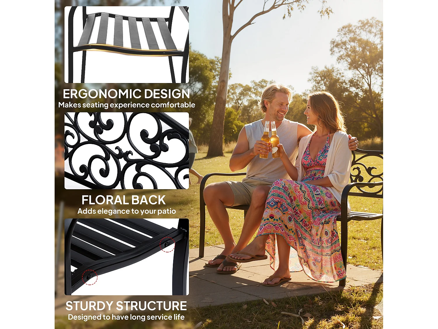 Faneso Black Metal Garden Bench 2 Seater with Floral Backrest and Armrests