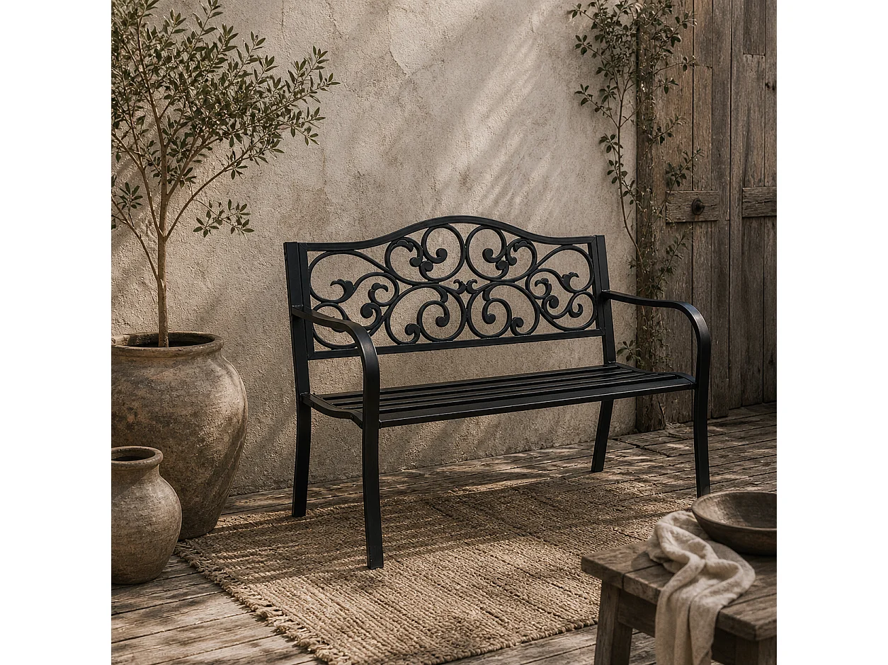 Faneso Black Metal Garden Bench 2 Seater with Floral Backrest and Armrests