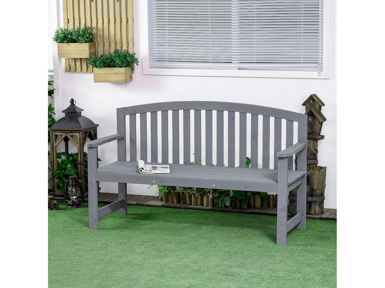 Tola 143cm Grey Fir Wood 2 Seater Garden Bench with Armrests Slatted Frame
