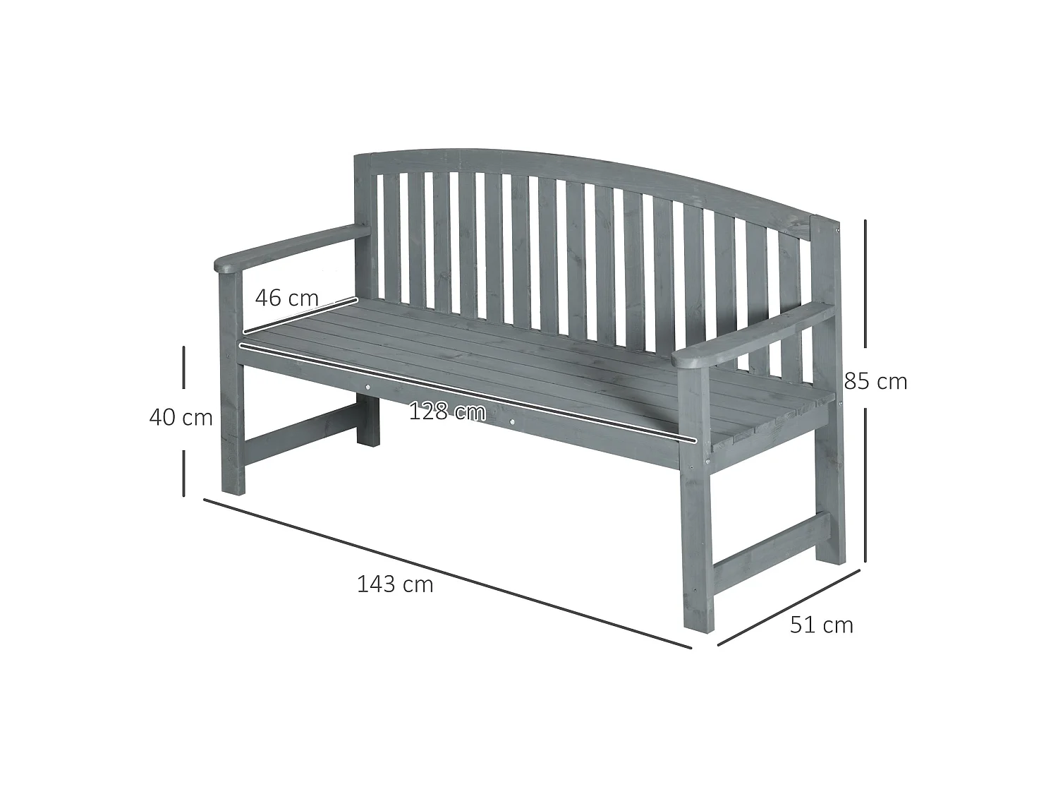 Tola 143cm Grey Fir Wood 2 Seater Garden Bench with Armrests Slatted Frame