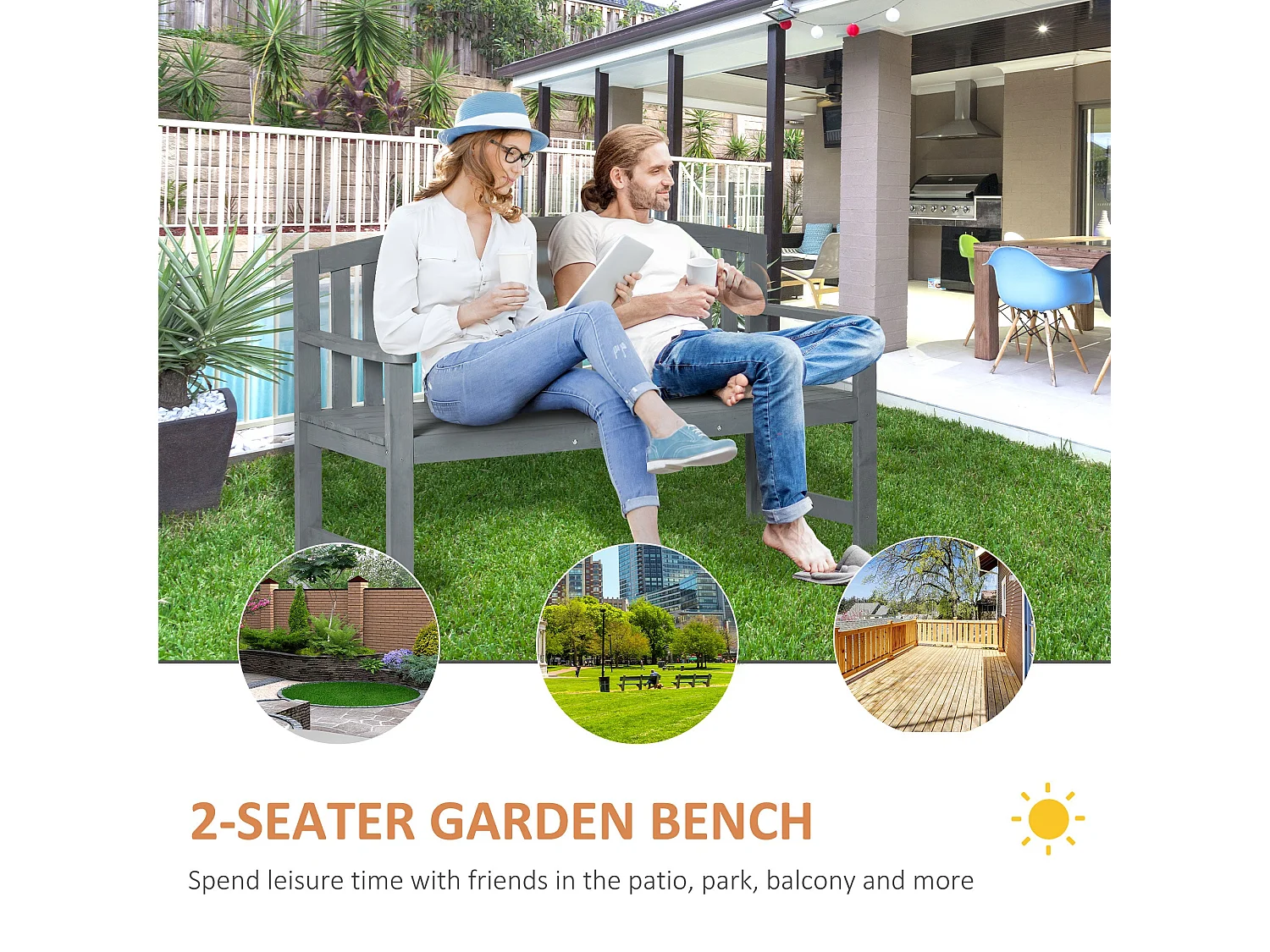 Tola 143cm Grey Fir Wood 2 Seater Garden Bench with Armrests Slatted Frame