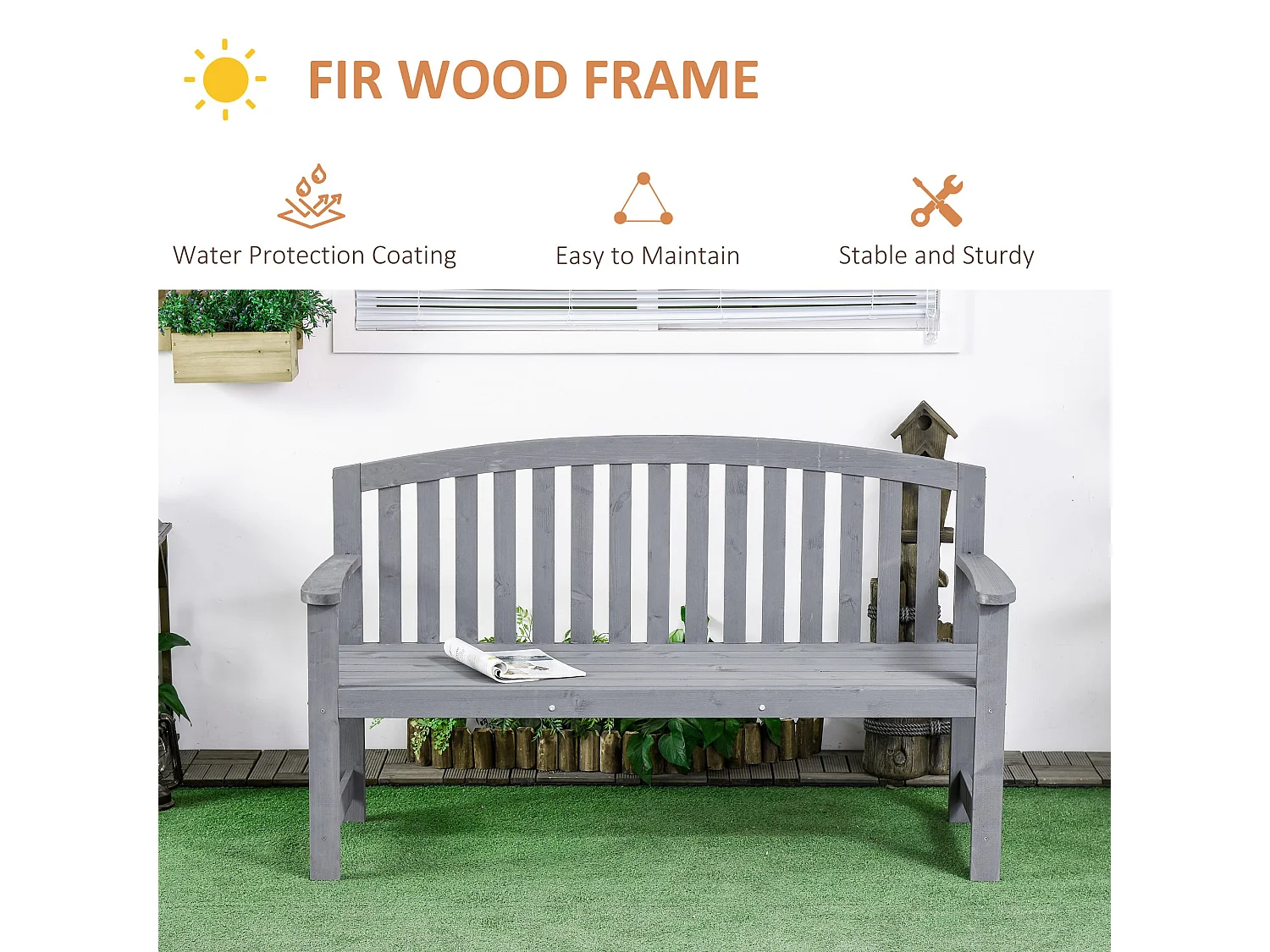 Tola 143cm Grey Fir Wood 2 Seater Garden Bench with Armrests Slatted Frame