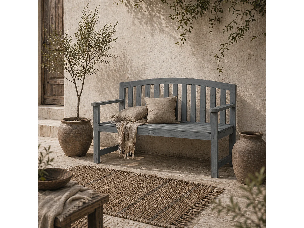 Tola 143cm Grey Fir Wood 2 Seater Garden Bench with Armrests Slatted Frame