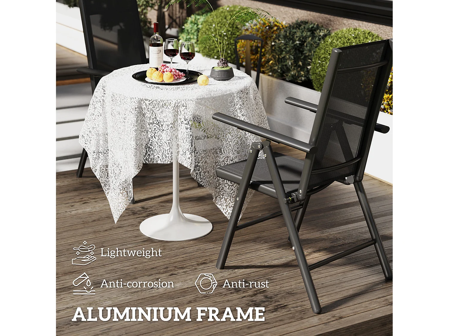 Costare Set of 2 Black Aluminium Folding Garden Dining Chairs with Breathable Mesh