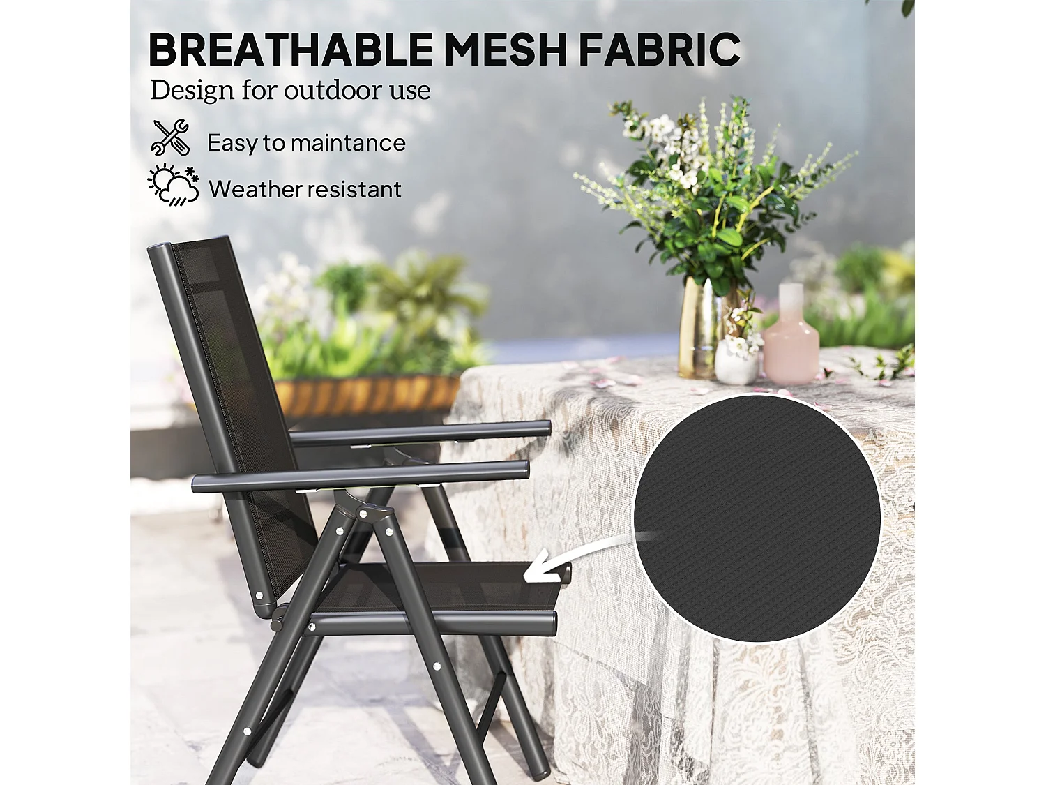 Costare Set of 2 Black Aluminium Folding Garden Dining Chairs with Breathable Mesh
