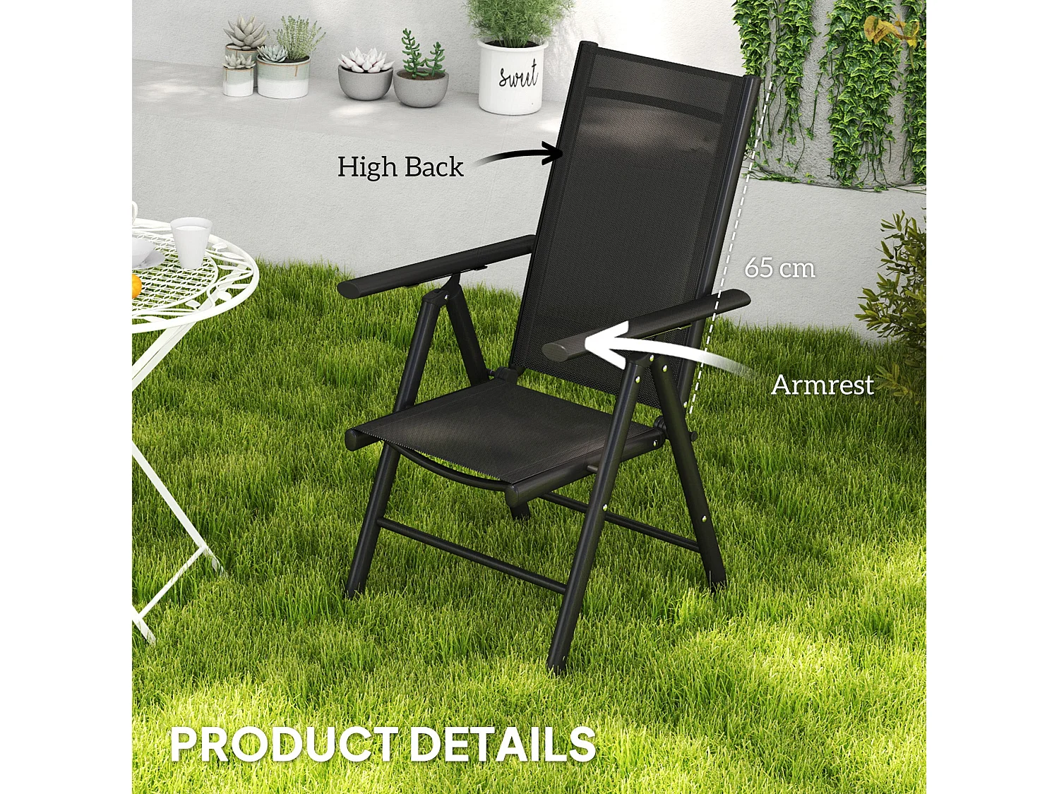 Costare Set of 2 Black Aluminium Folding Garden Dining Chairs with Breathable Mesh