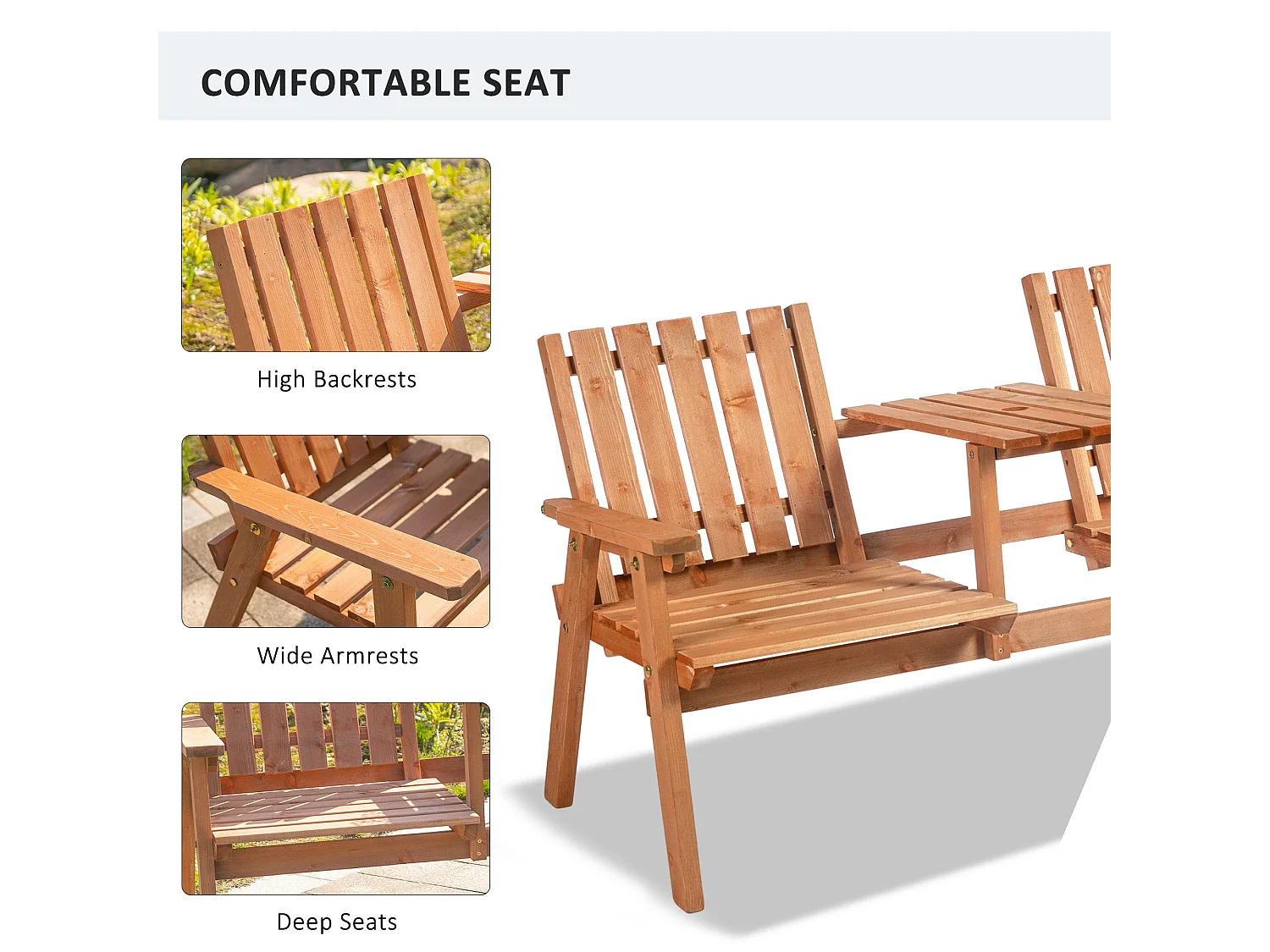 Hasa Fir Wood 2 Seater Garden Bench with Integrated Centre Table