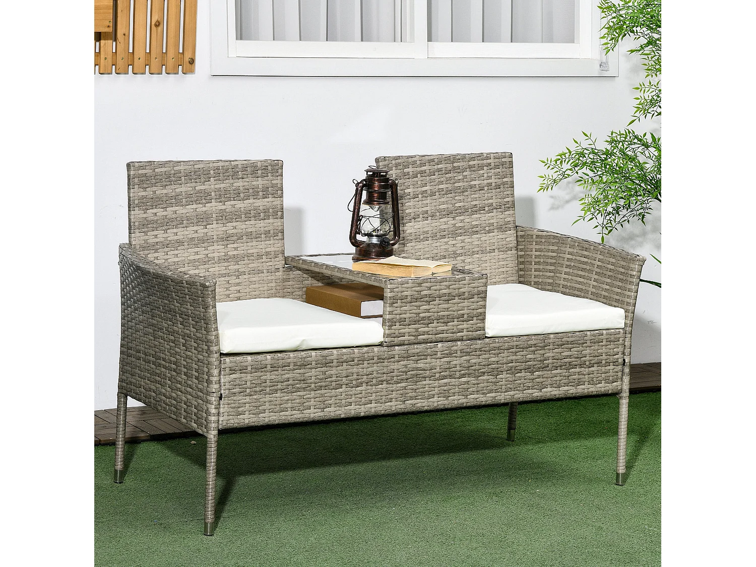 Hamoba Mixed Grey Faux Rattan 2 Seat Garden Chair with Integrated Centre Table