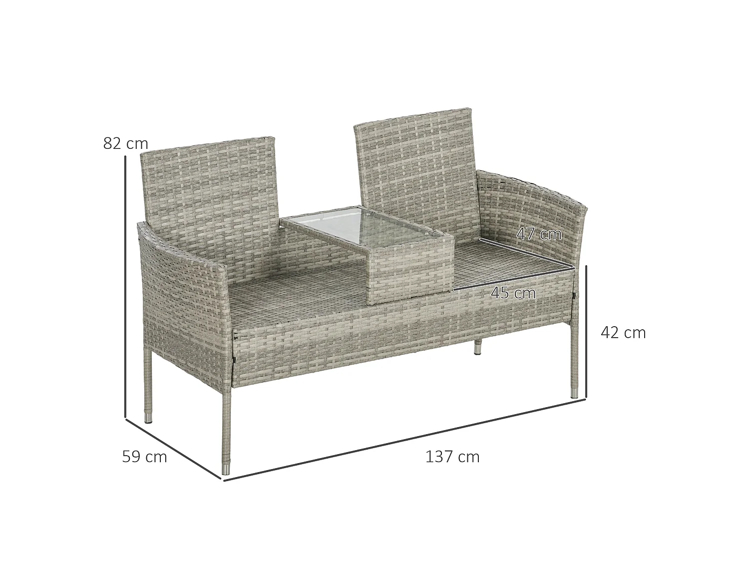 Hamoba Mixed Grey Faux Rattan 2 Seat Garden Chair with Integrated Centre Table