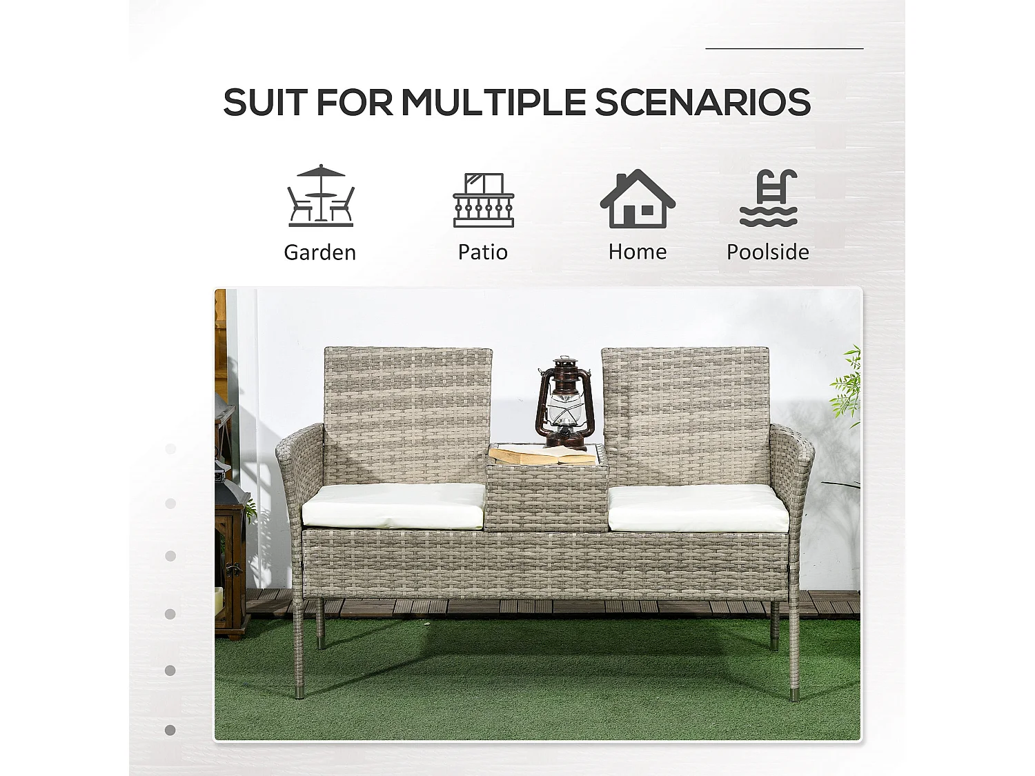 Hamoba Mixed Grey Faux Rattan 2 Seat Garden Chair with Integrated Centre Table