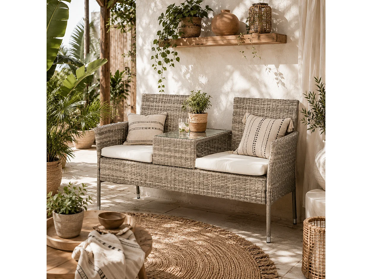 Hamoba Mixed Grey Faux Rattan 2 Seat Garden Chair with Integrated Centre Table