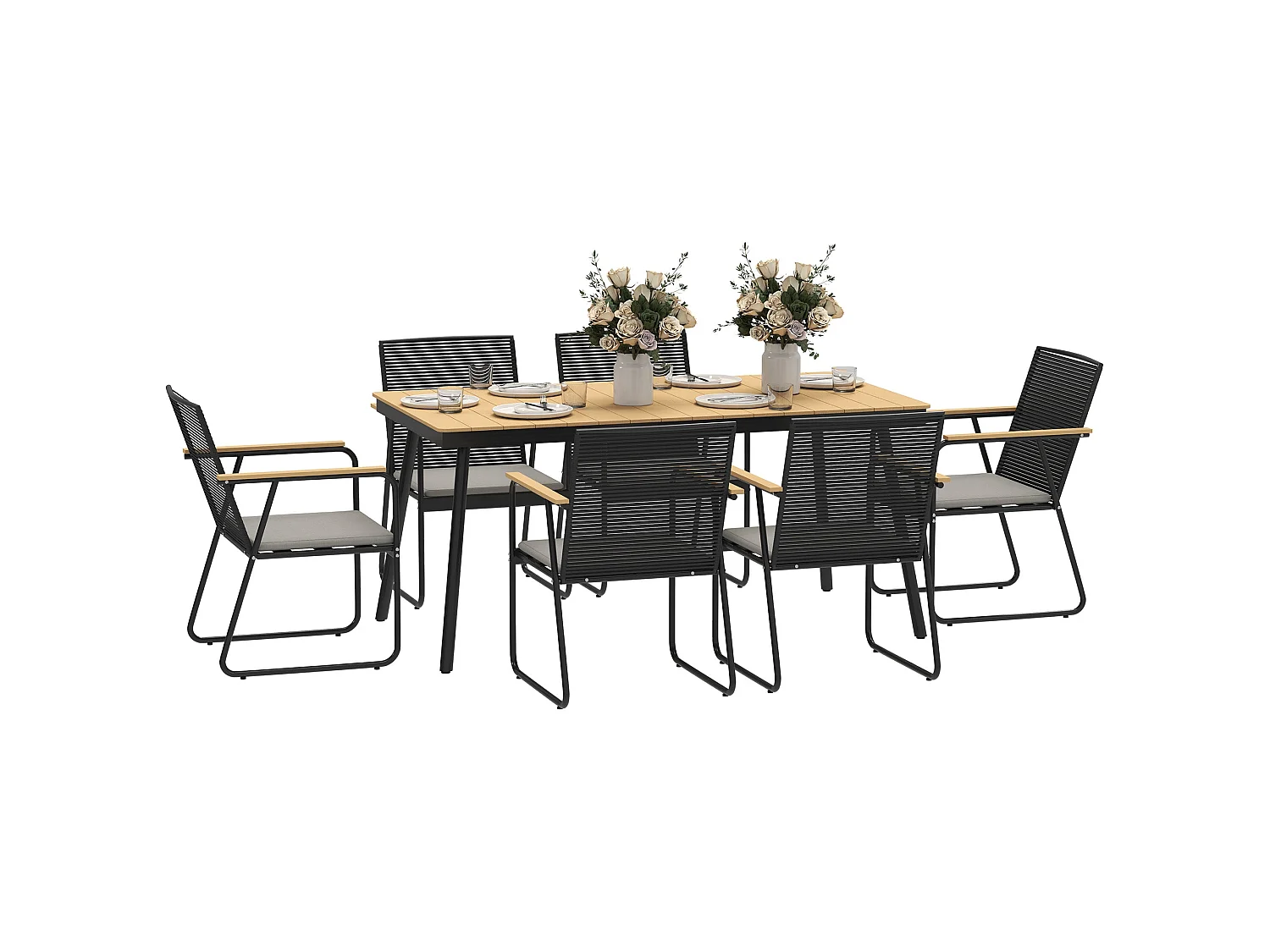 Karutte 6 Seater Outdoor Dining Set Rectangular Wood Effect Composite Table Rattan Backrest Chairs with Soft Cushions Powder Coated Metal Frame