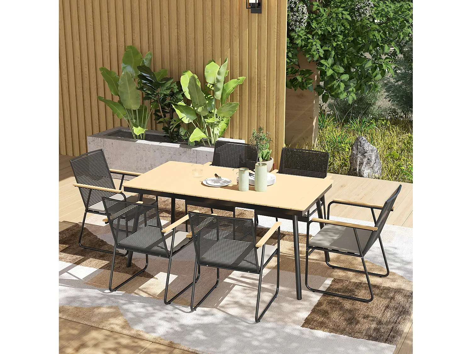 Karutte 6 Seater Outdoor Dining Set Rectangular Wood Effect Composite Table Rattan Backrest Chairs with Soft Cushions Powder Coated Metal Frame