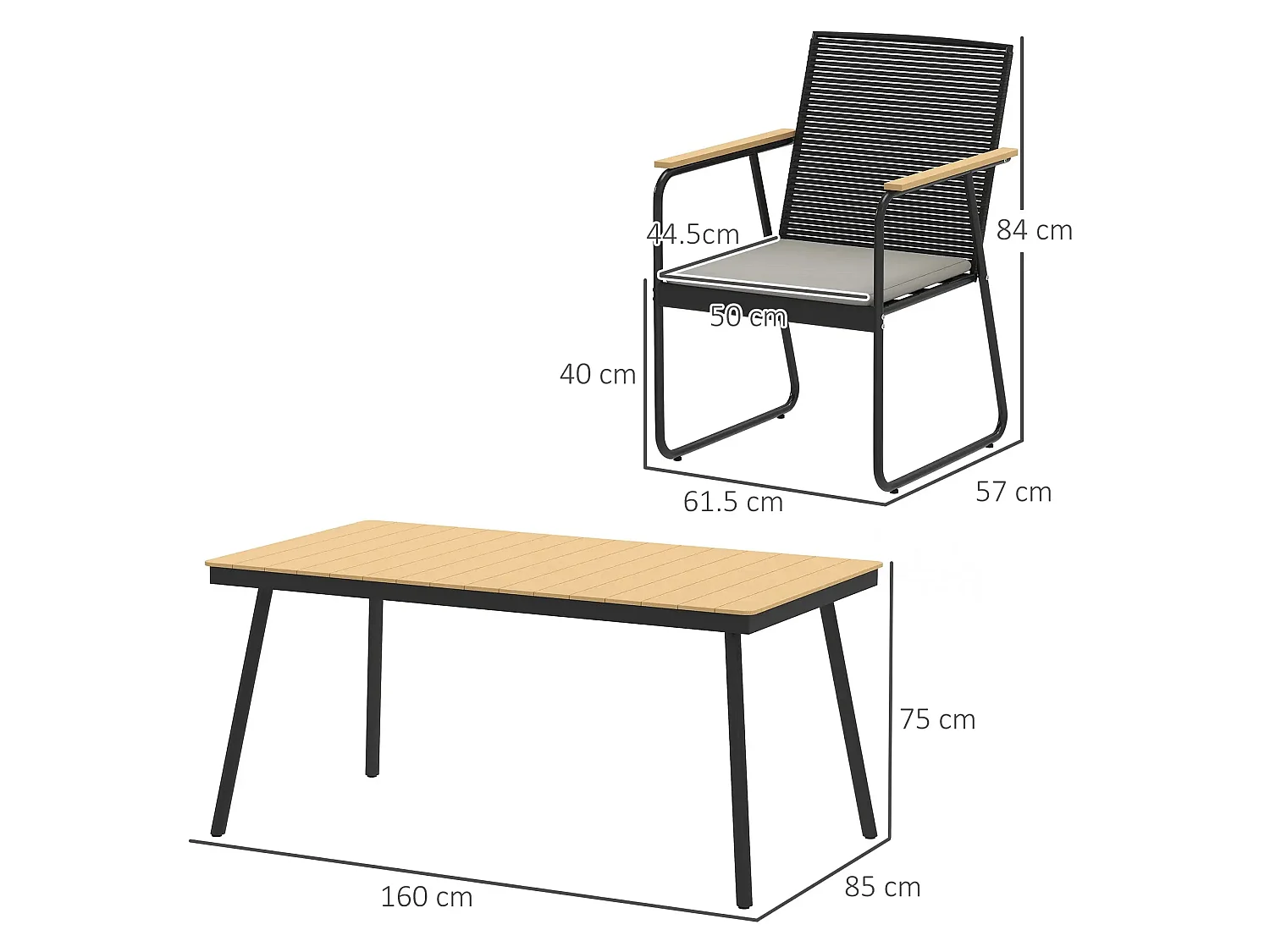 Karutte 6 Seater Outdoor Dining Set Rectangular Wood Effect Composite Table Rattan Backrest Chairs with Soft Cushions Powder Coated Metal Frame