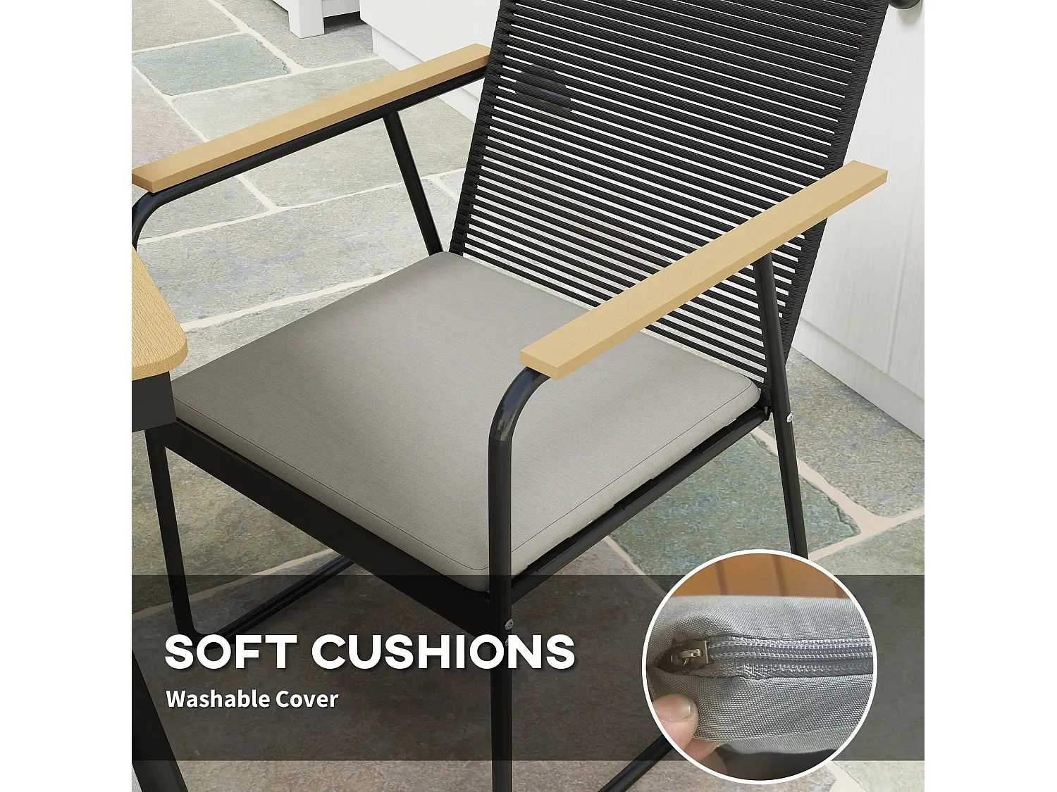 Karutte 6 Seater Outdoor Dining Set Rectangular Wood Effect Composite Table Rattan Backrest Chairs with Soft Cushions Powder Coated Metal Frame