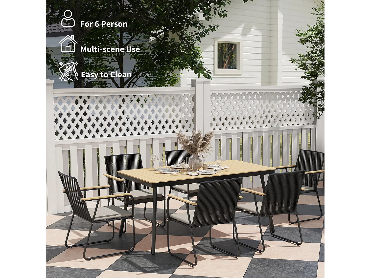 Karutte 6 Seater Outdoor Dining Set Rectangular Wood Effect Composite Table Rattan Backrest Chairs with Soft Cushions Powder Coated Metal Frame