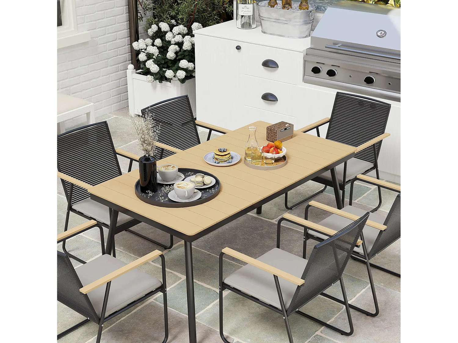 Karutte 6 Seater Outdoor Dining Set Rectangular Wood Effect Composite Table Rattan Backrest Chairs with Soft Cushions Powder Coated Metal Frame