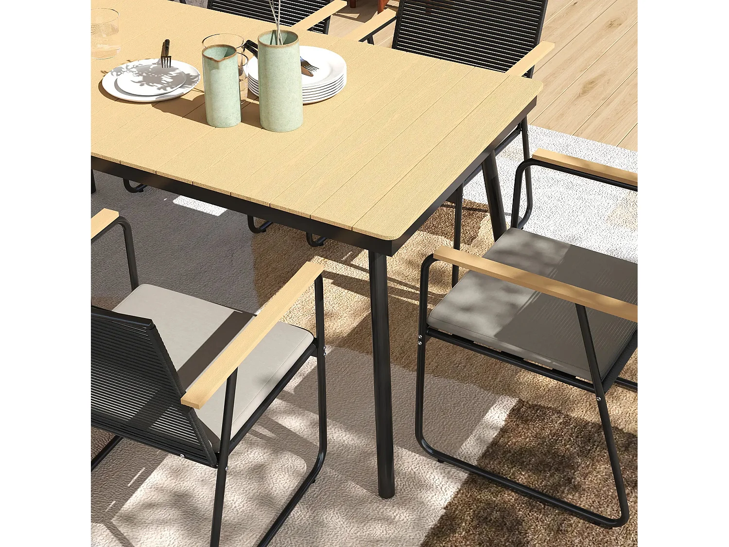 Karutte 6 Seater Outdoor Dining Set Rectangular Wood Effect Composite Table Rattan Backrest Chairs with Soft Cushions Powder Coated Metal Frame