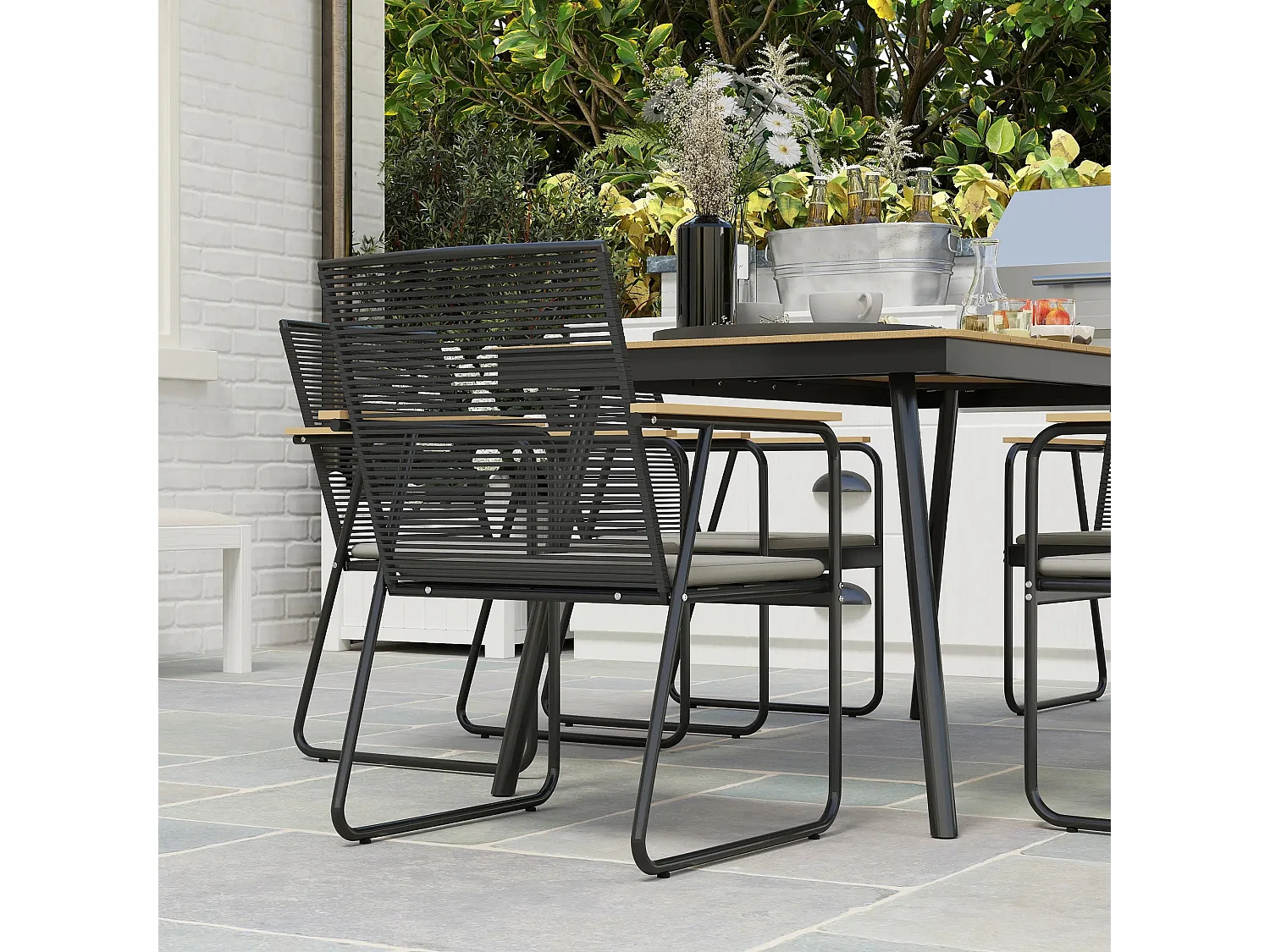 Karutte 6 Seater Outdoor Dining Set Rectangular Wood Effect Composite Table Rattan Backrest Chairs with Soft Cushions Powder Coated Metal Frame