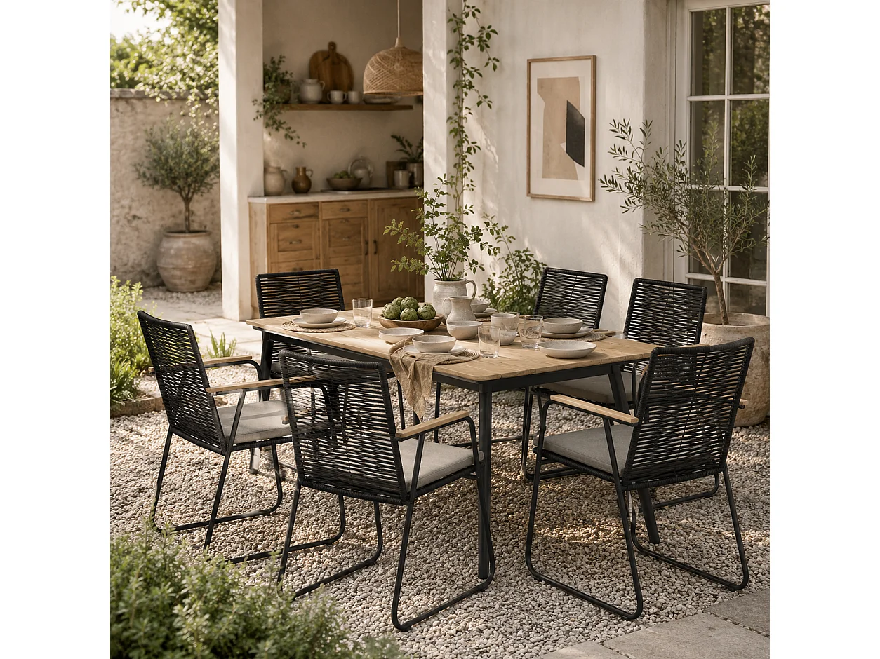 Karutte 6 Seater Outdoor Dining Set Rectangular Wood Effect Composite Table Rattan Backrest Chairs with Soft Cushions Powder Coated Metal Frame