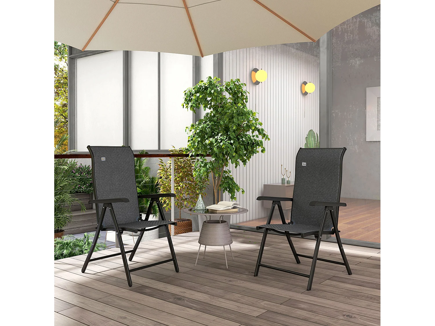 Set of 2 Grey Folding Garden Chairs Powder Coated Steel PE Rattan 7 Position Recline