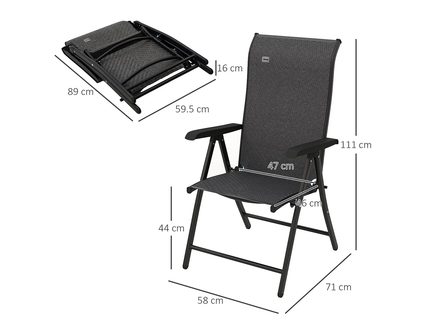 Set of 2 Grey Folding Garden Chairs Powder Coated Steel PE Rattan 7 Position Recline