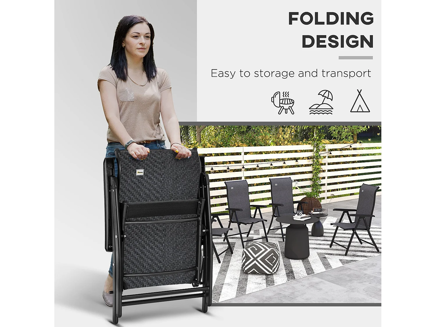 Set of 2 Grey Folding Garden Chairs Powder Coated Steel PE Rattan 7 Position Recline