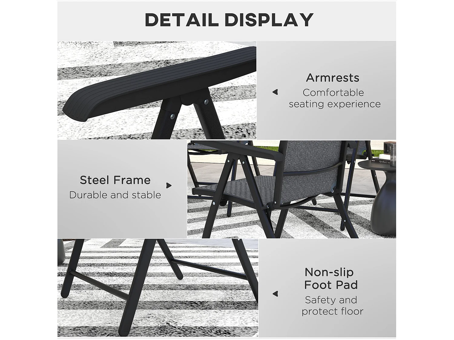 Set of 2 Grey Folding Garden Chairs Powder Coated Steel PE Rattan 7 Position Recline
