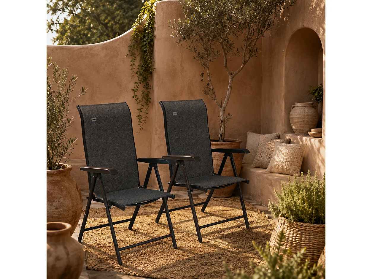 Set of 2 Grey Folding Garden Chairs Powder Coated Steel PE Rattan 7 Position Recline