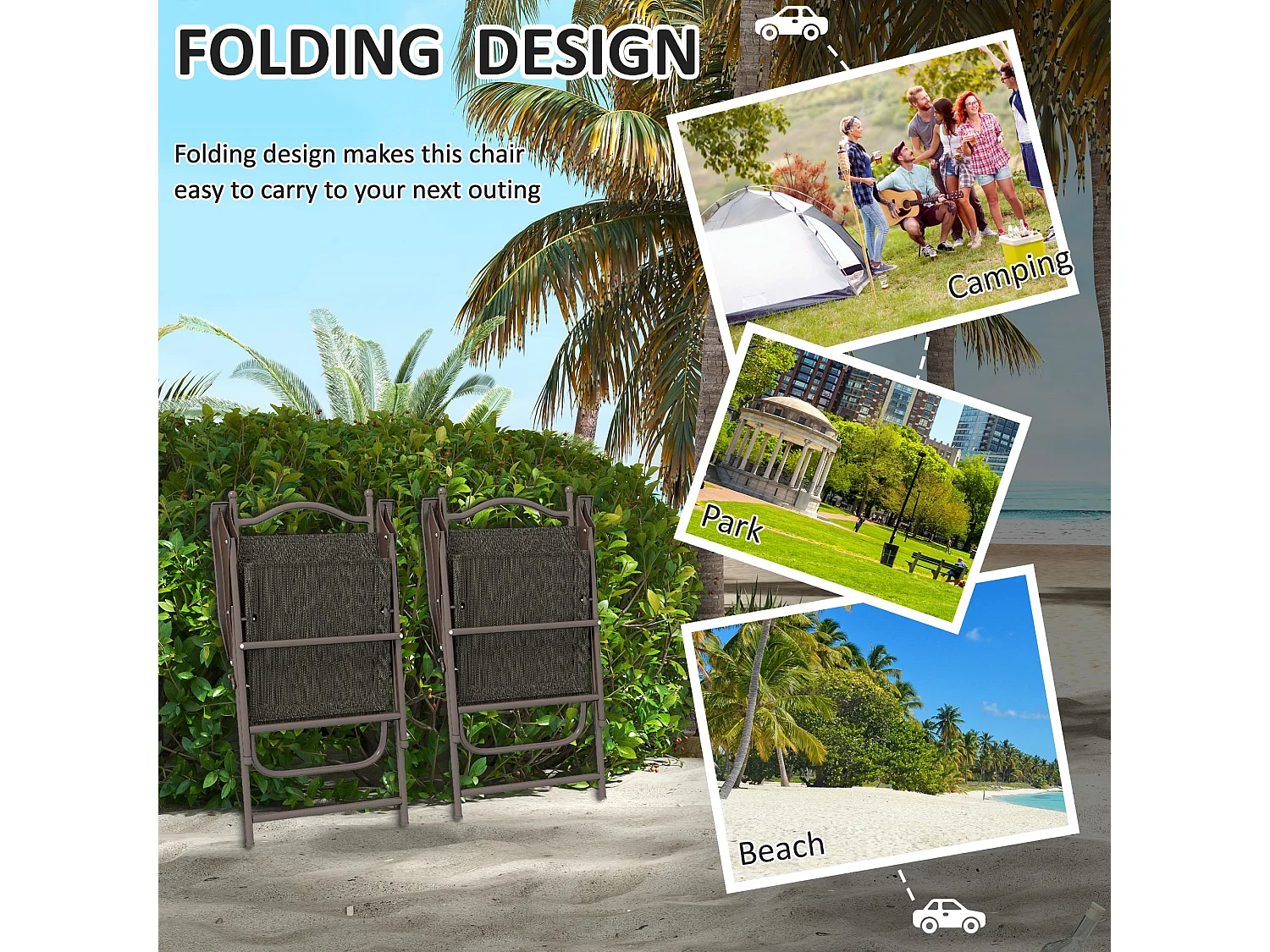 Set of 2 Dark Brown Folding Garden Chairs Powder Coated Steel Frame Mesh Fabric Seats