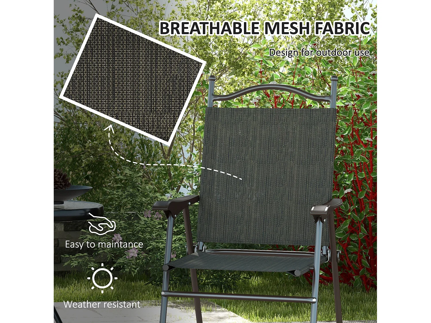 Set of 2 Dark Brown Folding Garden Chairs Powder Coated Steel Frame Mesh Fabric Seats