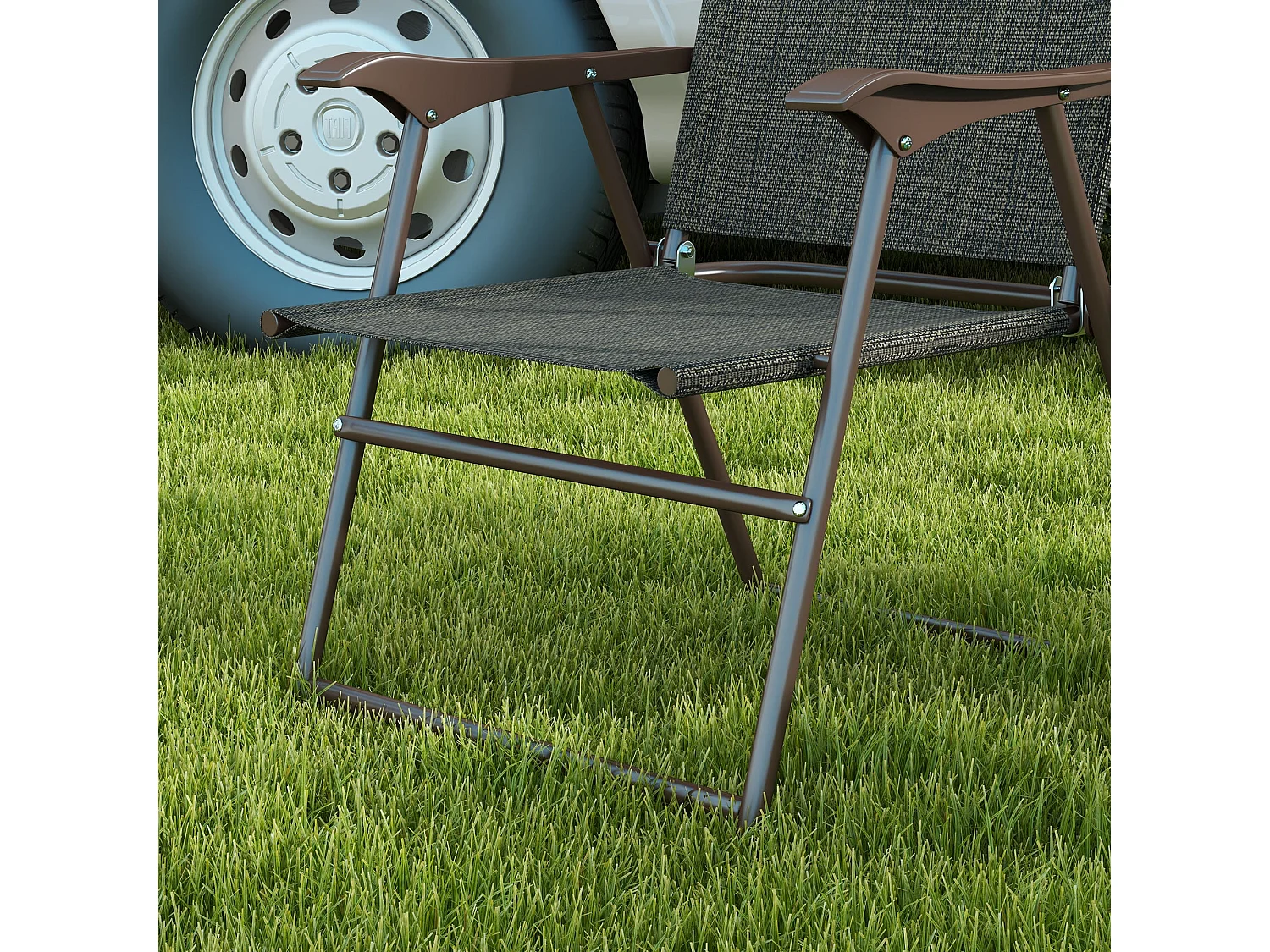Set of 2 Dark Brown Folding Garden Chairs Powder Coated Steel Frame Mesh Fabric Seats