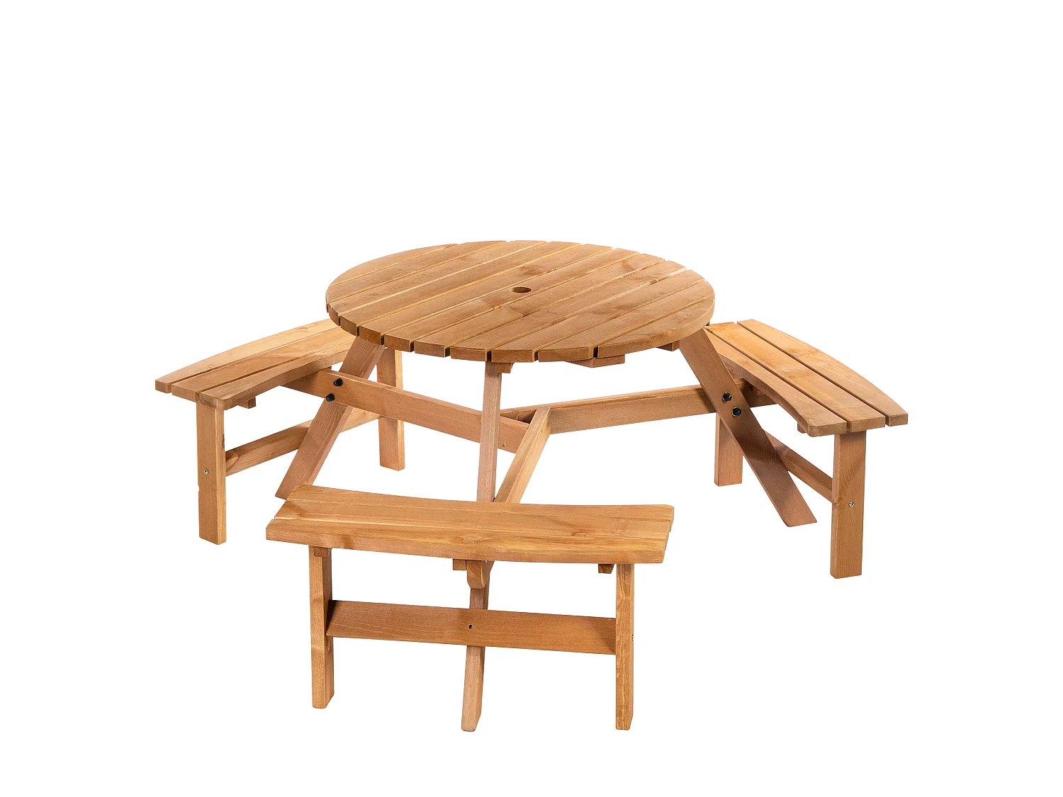 6 Seater Round Fir Wood Picnic Table with 3 Benches and Parasol Hole