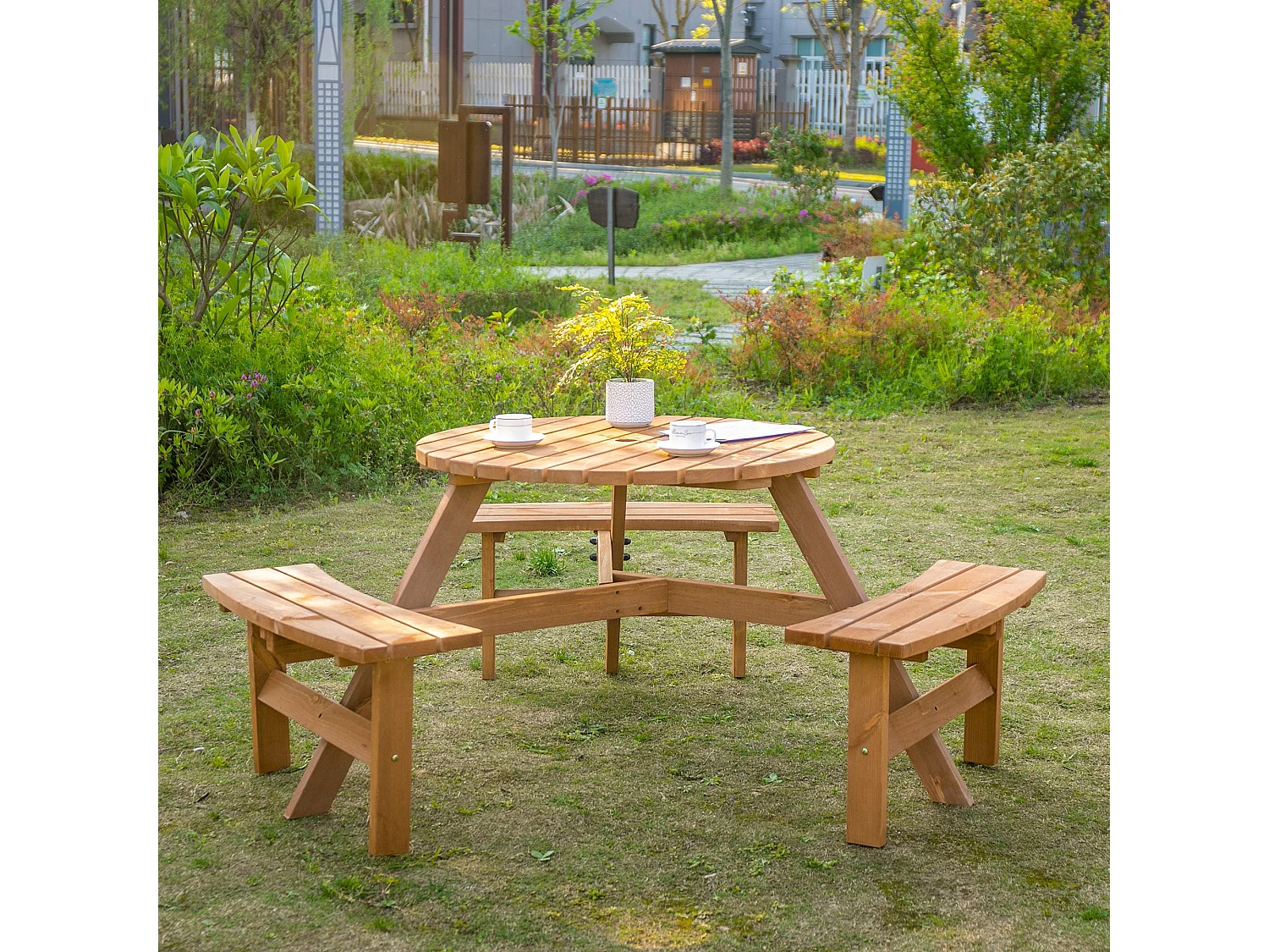 6 Seater Round Fir Wood Picnic Table with 3 Benches and Parasol Hole