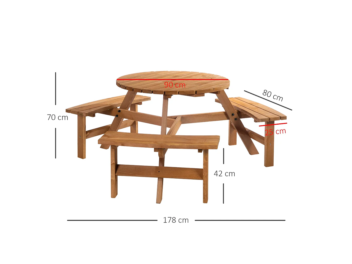 6 Seater Round Fir Wood Picnic Table with 3 Benches and Parasol Hole