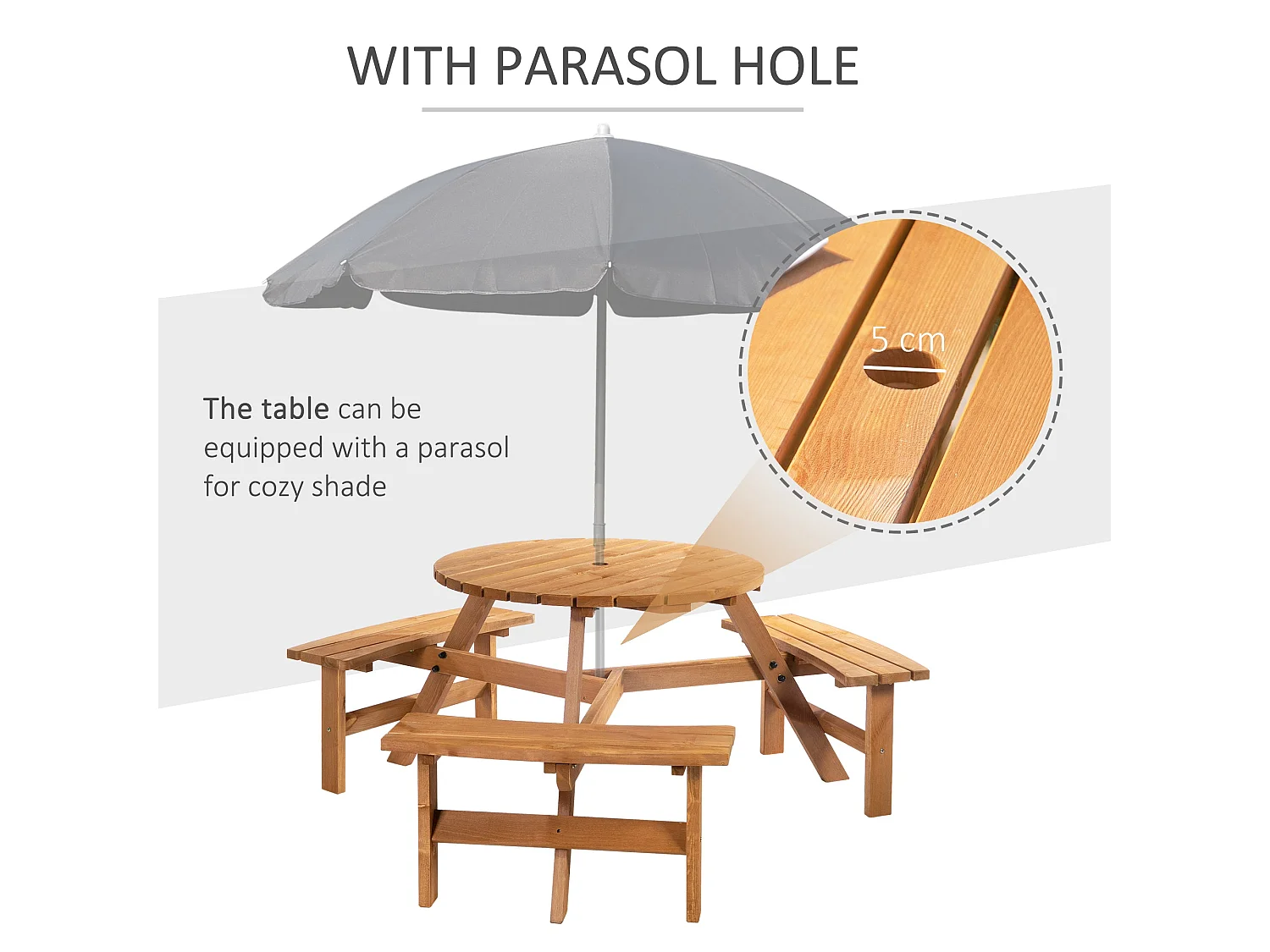 6 Seater Round Fir Wood Picnic Table with 3 Benches and Parasol Hole