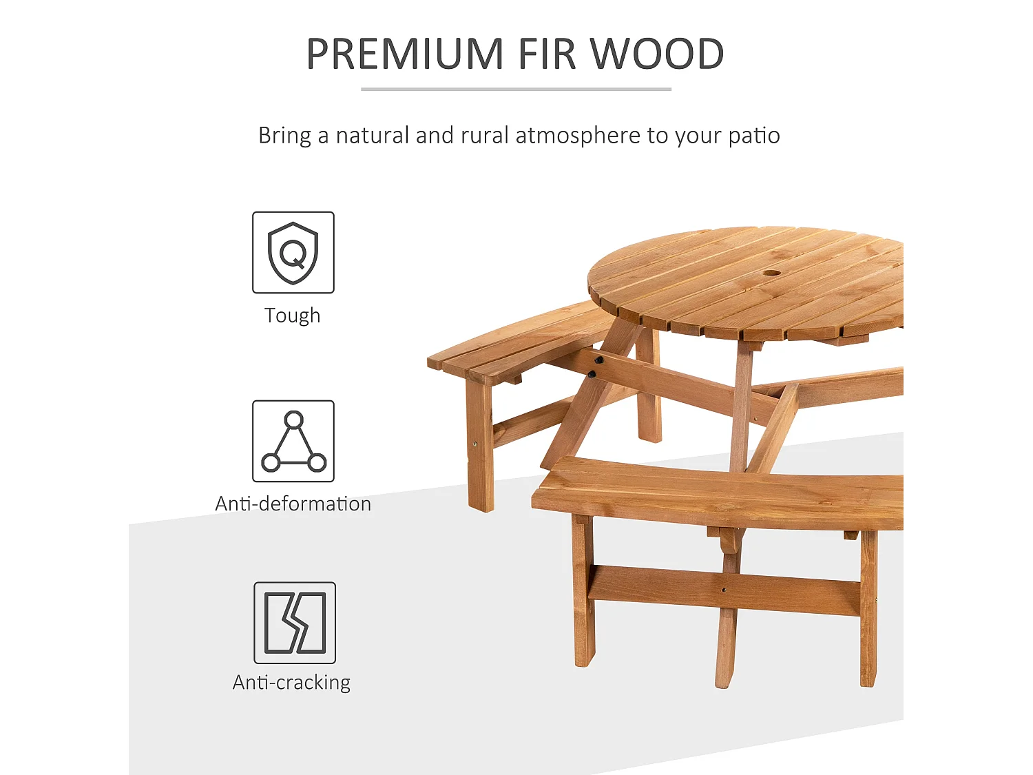 6 Seater Round Fir Wood Picnic Table with 3 Benches and Parasol Hole