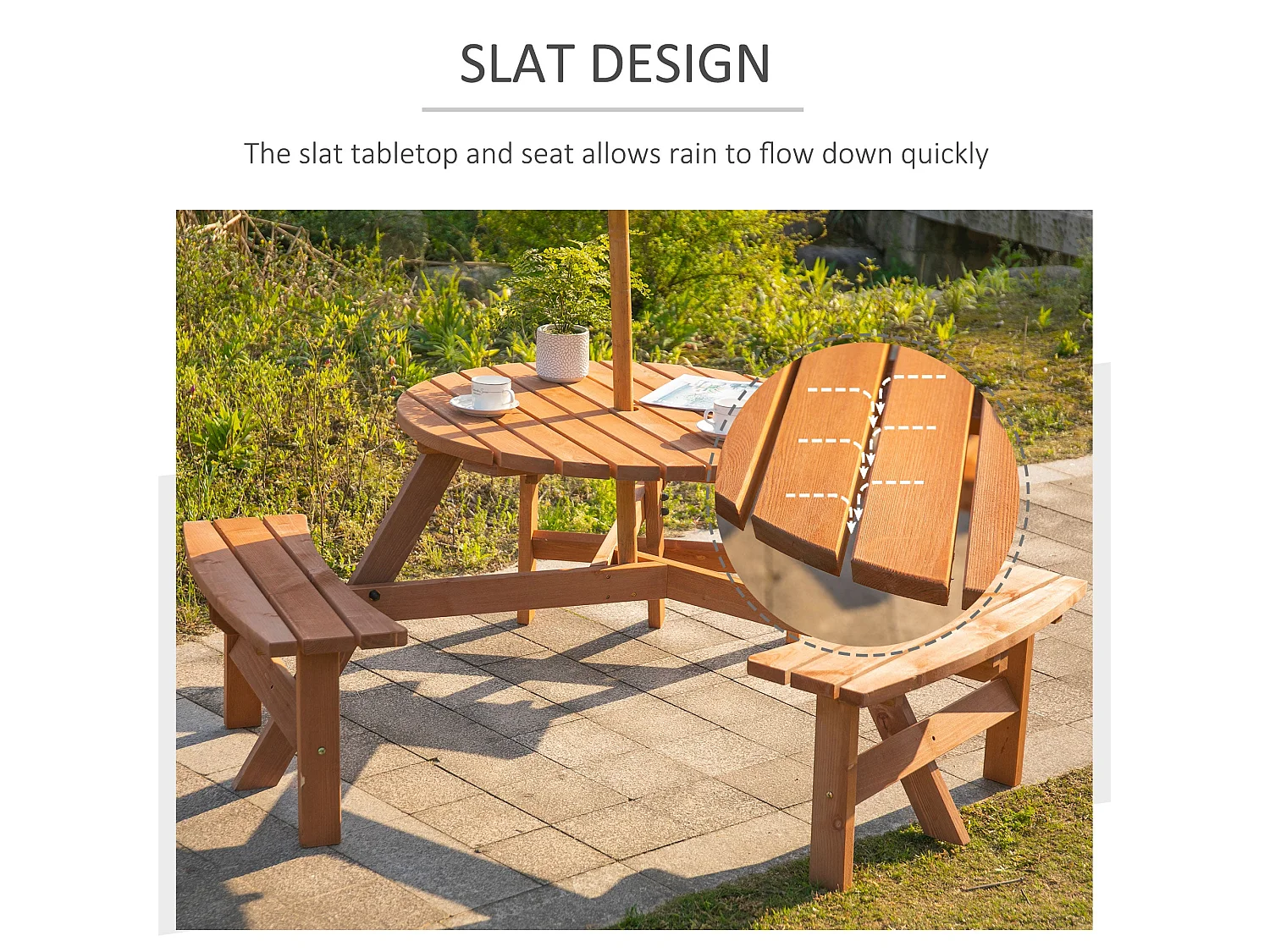 6 Seater Round Fir Wood Picnic Table with 3 Benches and Parasol Hole