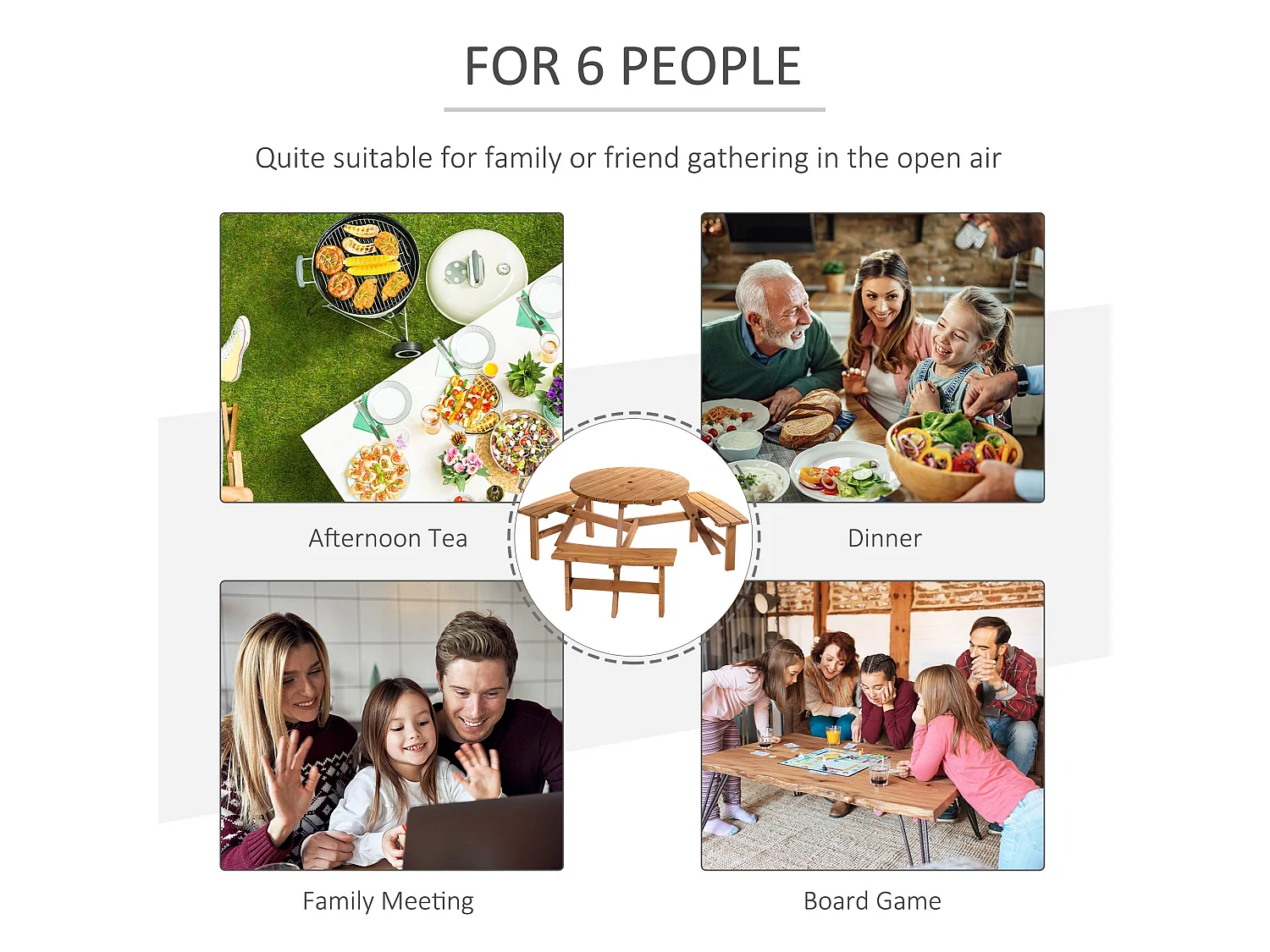 6 Seater Round Fir Wood Picnic Table with 3 Benches and Parasol Hole