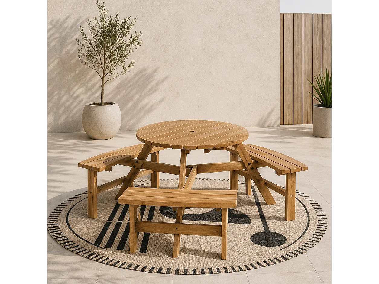 6 Seater Round Fir Wood Picnic Table with 3 Benches and Parasol Hole