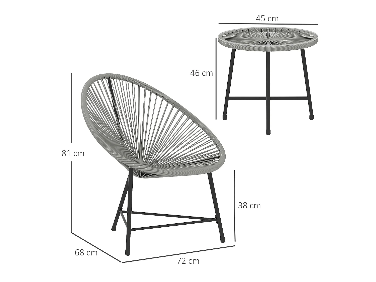 Nibaco 3 Piece Rattan Rope Bistro Set Grey with Glass Top