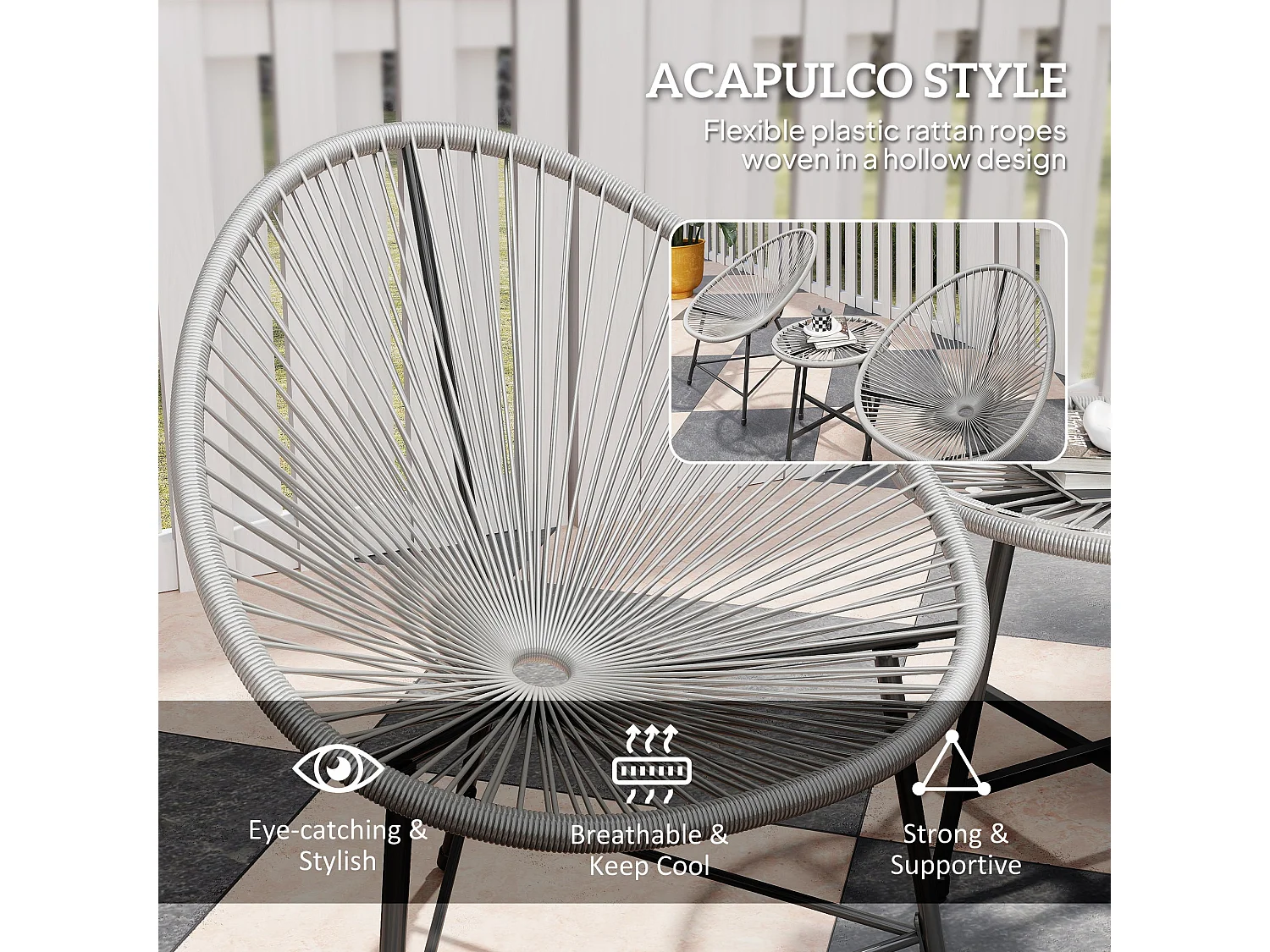 Nibaco 3 Piece Rattan Rope Bistro Set Grey with Glass Top