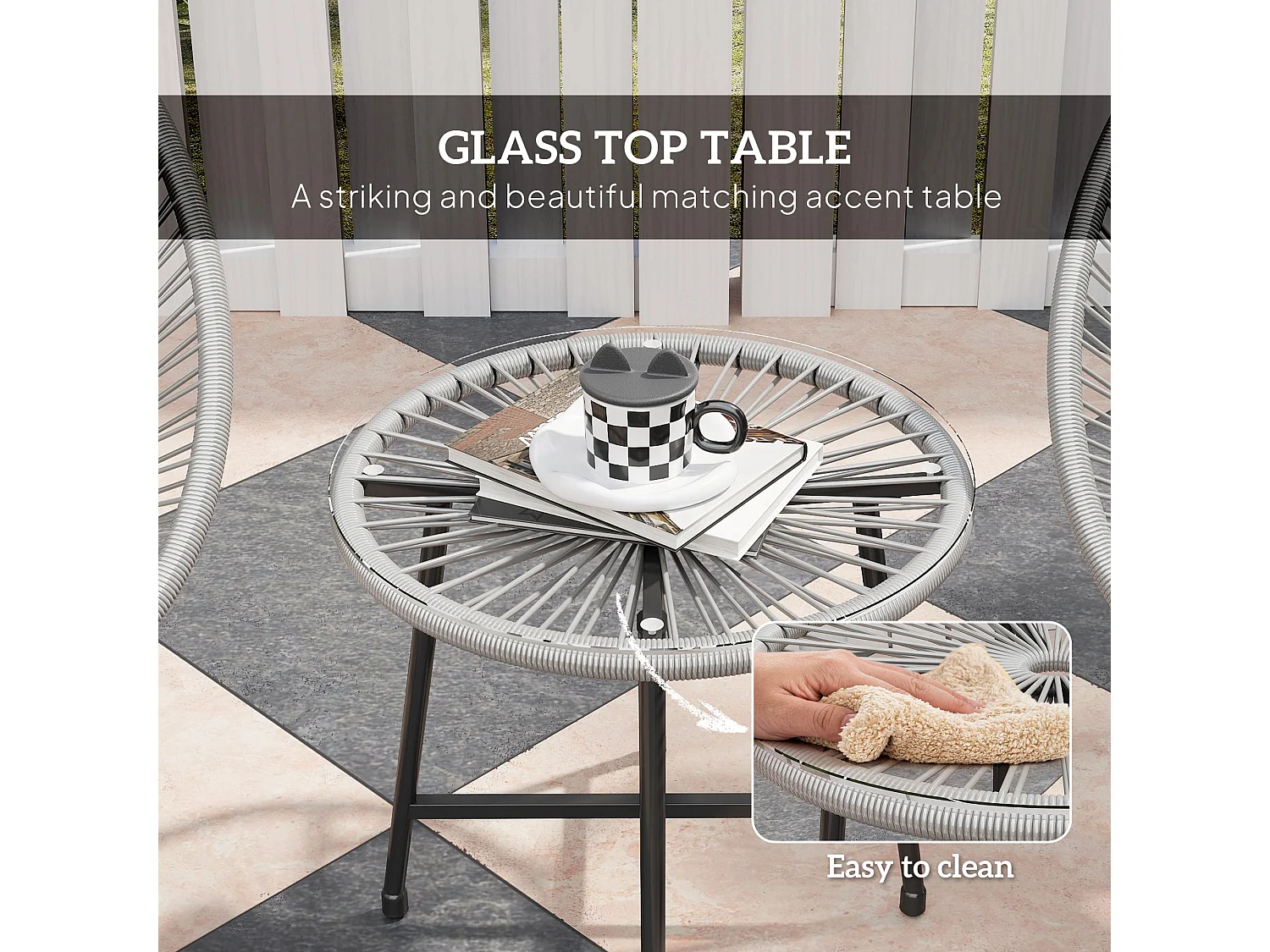 Nibaco 3 Piece Rattan Rope Bistro Set Grey with Glass Top