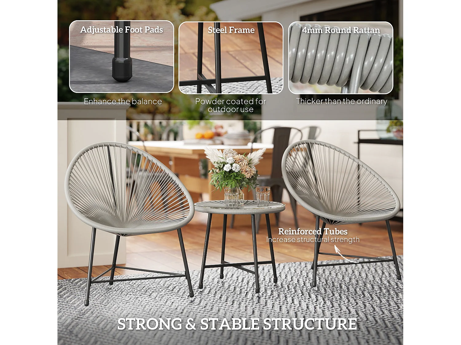Nibaco 3 Piece Rattan Rope Bistro Set Grey with Glass Top