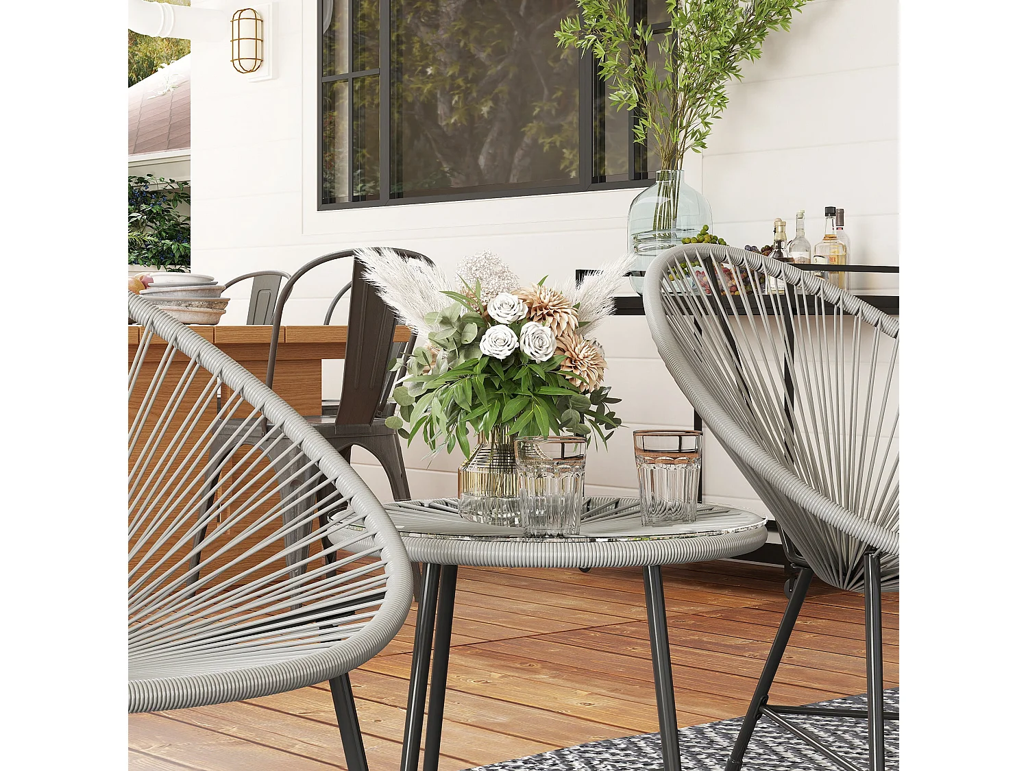 Nibaco 3 Piece Rattan Rope Bistro Set Grey with Glass Top