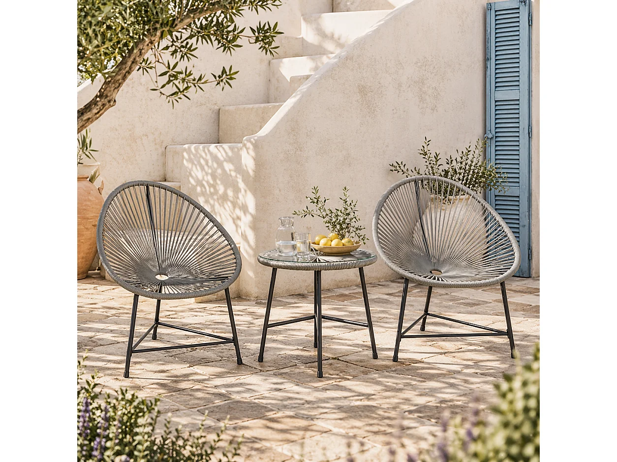 Nibaco 3 Piece Rattan Rope Bistro Set Grey with Glass Top