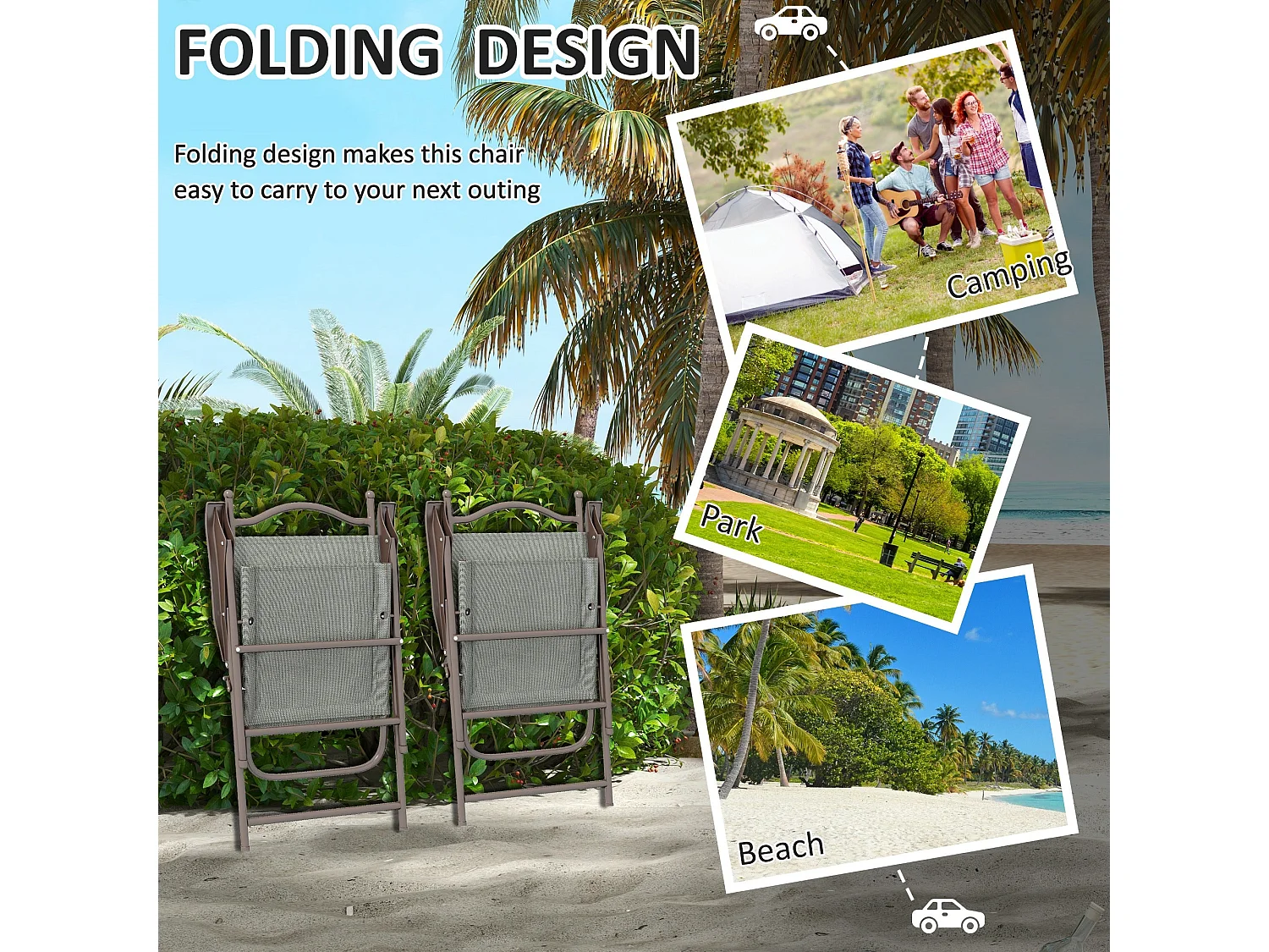 Rone Bari Set of 2 Dark Grey Folding Garden Chairs with Fabric Mesh Seats