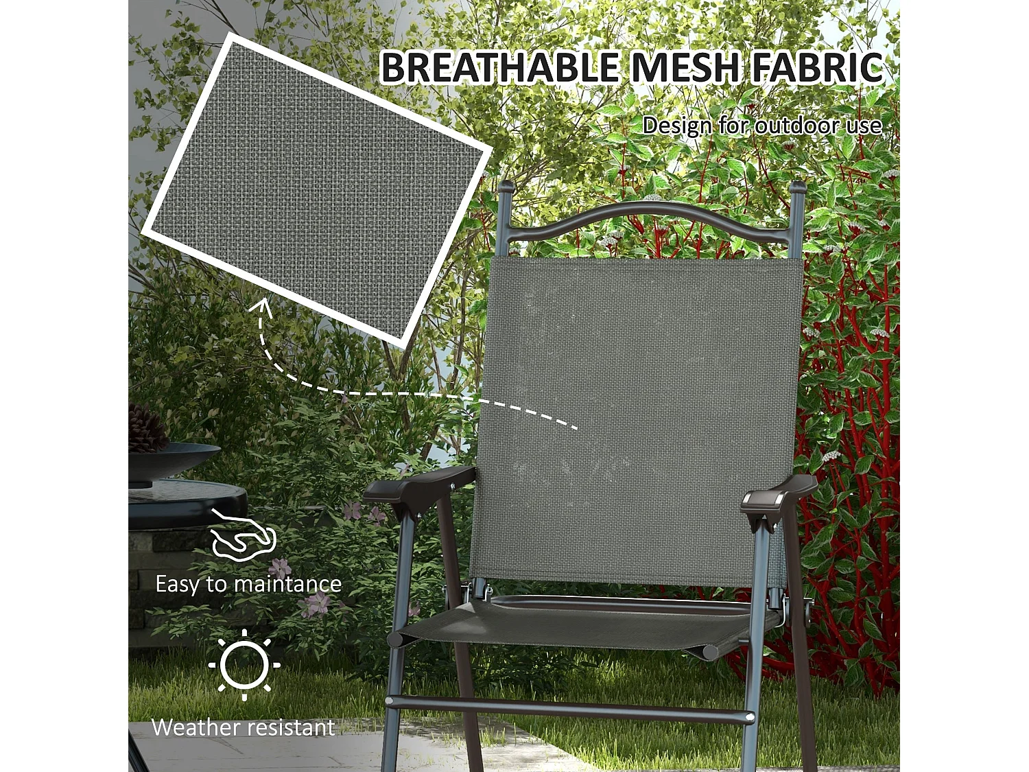Rone Bari Set of 2 Dark Grey Folding Garden Chairs with Fabric Mesh Seats