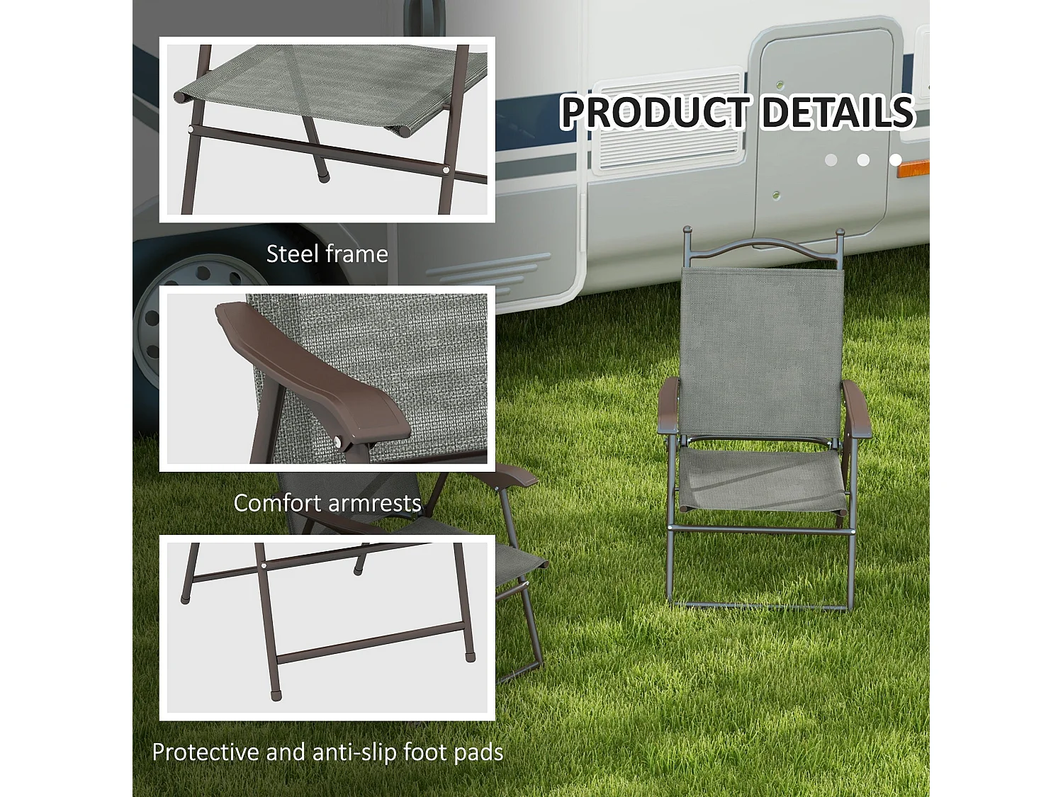 Rone Bari Set of 2 Dark Grey Folding Garden Chairs with Fabric Mesh Seats