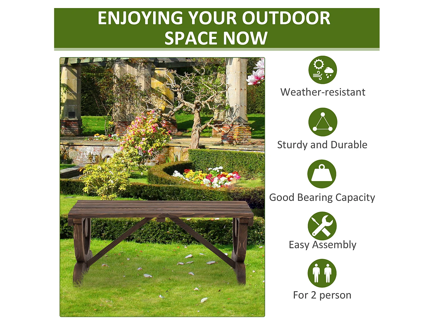 Vini Rustic Fir Wood 2 Seater Garden Bench with Wagon Wheel Legs